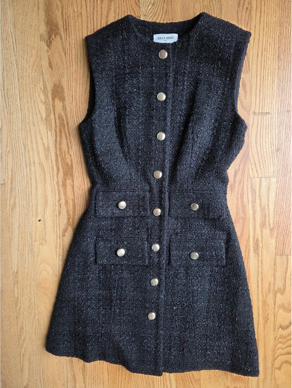 Lilly Sisto for Gianni Bini Black Tweed and Gold Button Front Mini Dress Size 0